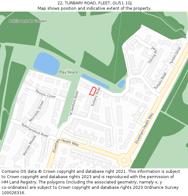 22, TURBARY ROAD, FLEET, GU51 1GJ: Location map and indicative extent of plot