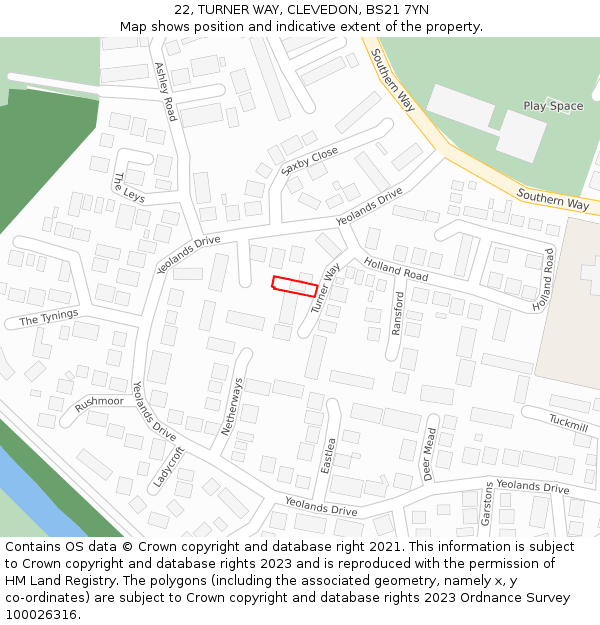 22, TURNER WAY, CLEVEDON, BS21 7YN: Location map and indicative extent of plot