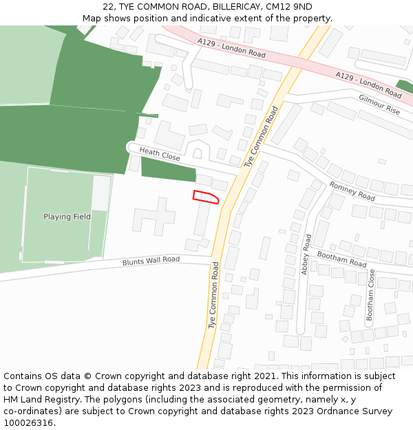 22, TYE COMMON ROAD, BILLERICAY, CM12 9ND: Location map and indicative extent of plot