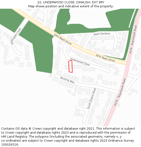 22, UNDERWOOD CLOSE, DAWLISH, EX7 9RY: Location map and indicative extent of plot
