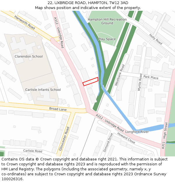 22, UXBRIDGE ROAD, HAMPTON, TW12 3AD: Location map and indicative extent of plot