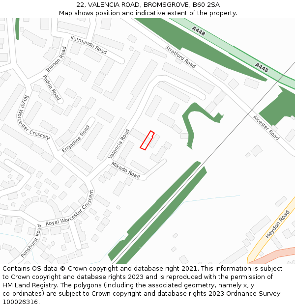 22, VALENCIA ROAD, BROMSGROVE, B60 2SA: Location map and indicative extent of plot
