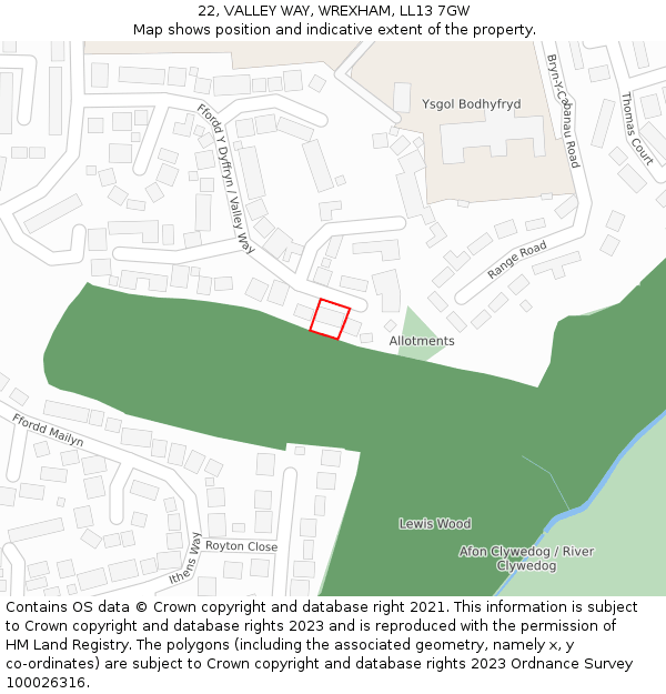 22, VALLEY WAY, WREXHAM, LL13 7GW: Location map and indicative extent of plot