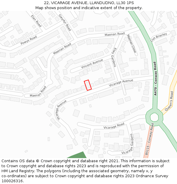 22, VICARAGE AVENUE, LLANDUDNO, LL30 1PS: Location map and indicative extent of plot