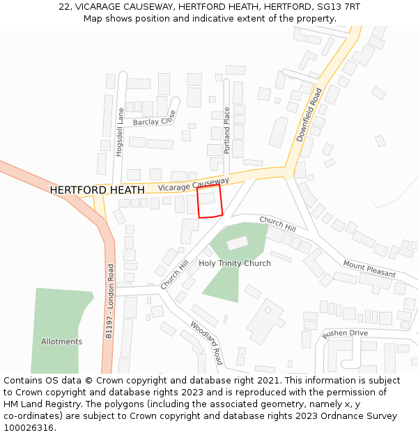 22, VICARAGE CAUSEWAY, HERTFORD HEATH, HERTFORD, SG13 7RT: Location map and indicative extent of plot