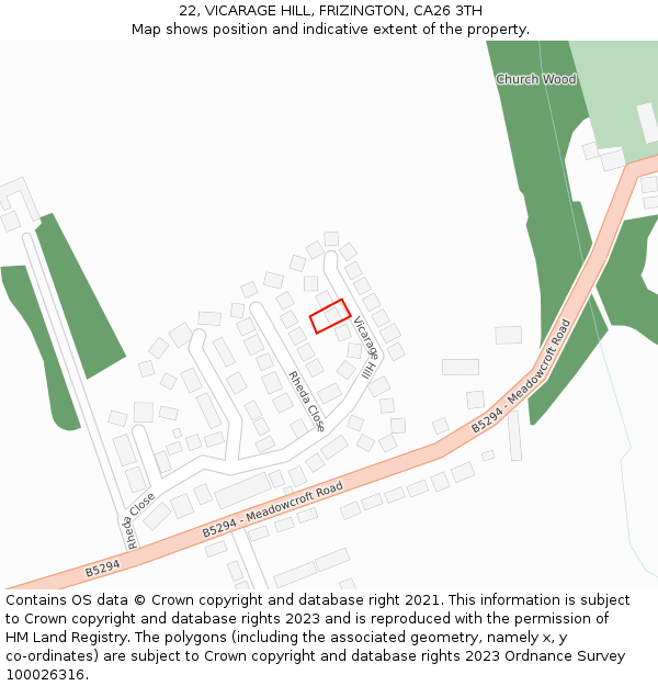 22, VICARAGE HILL, FRIZINGTON, CA26 3TH: Location map and indicative extent of plot