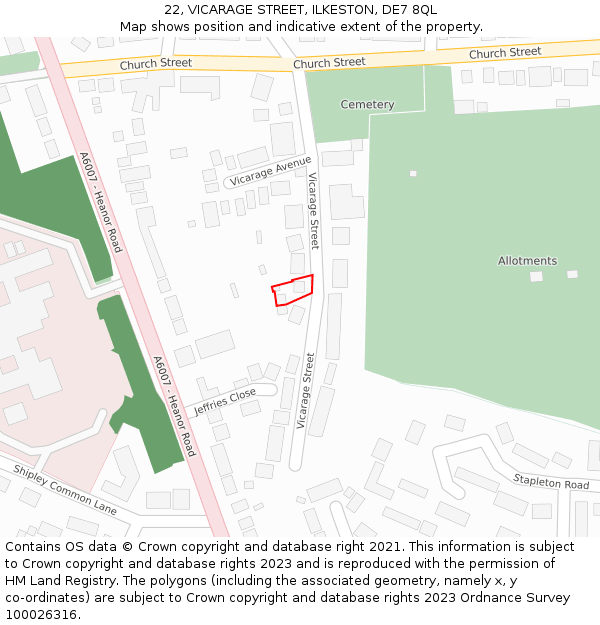 22, VICARAGE STREET, ILKESTON, DE7 8QL: Location map and indicative extent of plot