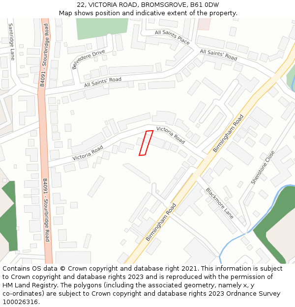 22, VICTORIA ROAD, BROMSGROVE, B61 0DW: Location map and indicative extent of plot