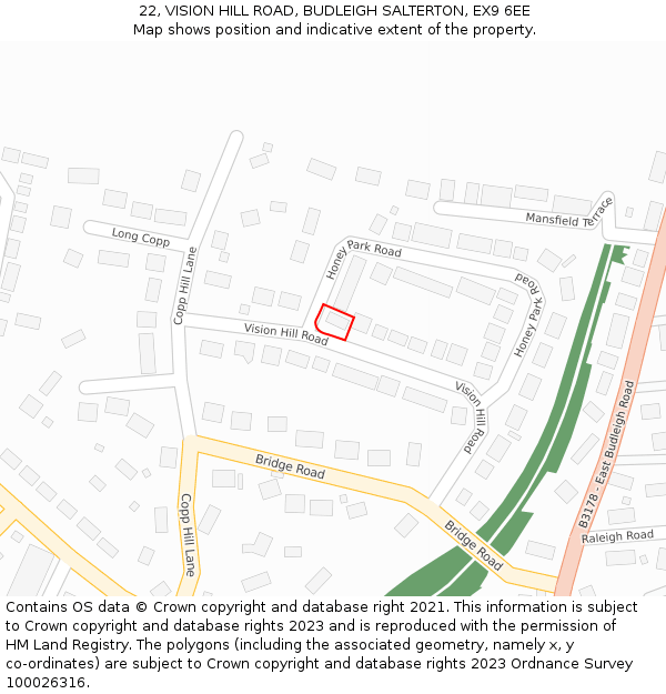 22, VISION HILL ROAD, BUDLEIGH SALTERTON, EX9 6EE: Location map and indicative extent of plot