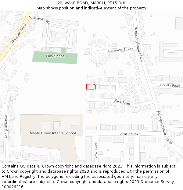 22, WAKE ROAD, MARCH, PE15 8UL: Location map and indicative extent of plot