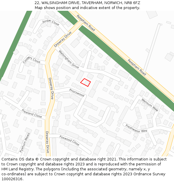 22, WALSINGHAM DRIVE, TAVERHAM, NORWICH, NR8 6FZ: Location map and indicative extent of plot