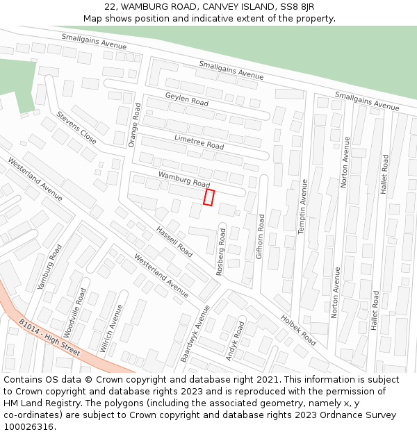 22, WAMBURG ROAD, CANVEY ISLAND, SS8 8JR: Location map and indicative extent of plot