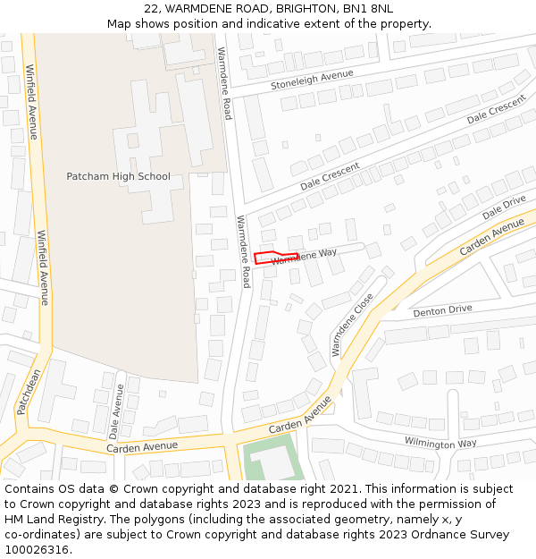 22, WARMDENE ROAD, BRIGHTON, BN1 8NL: Location map and indicative extent of plot