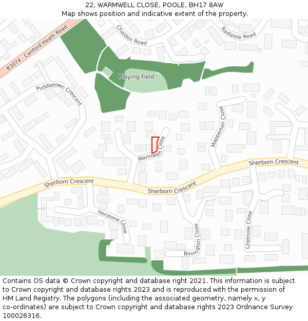 22, WARMWELL CLOSE, POOLE, BH17 8AW: Location map and indicative extent of plot