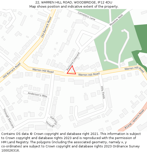 22, WARREN HILL ROAD, WOODBRIDGE, IP12 4DU: Location map and indicative extent of plot