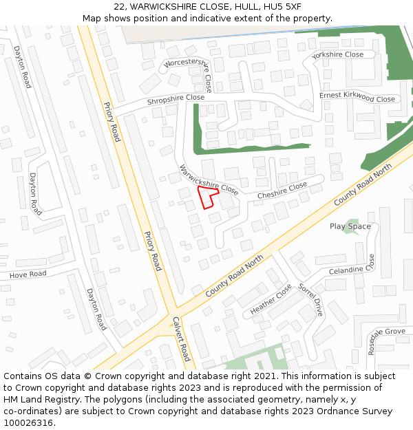 22, WARWICKSHIRE CLOSE, HULL, HU5 5XF: Location map and indicative extent of plot