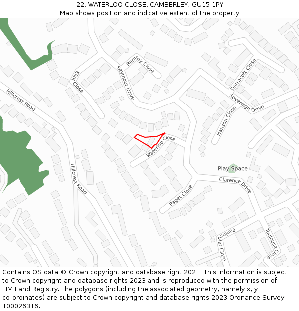 22, WATERLOO CLOSE, CAMBERLEY, GU15 1PY: Location map and indicative extent of plot