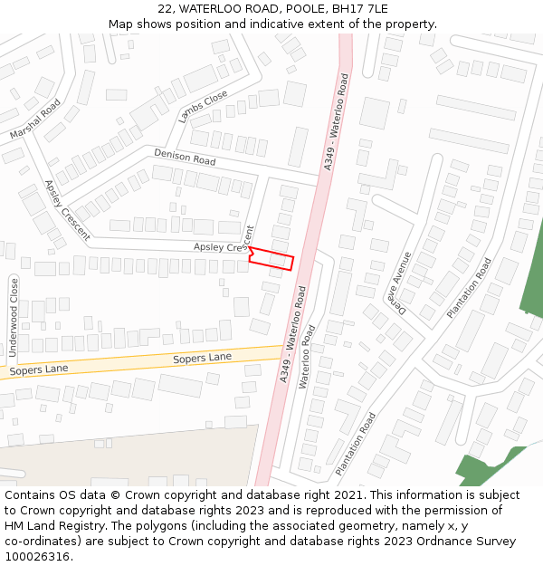 22, WATERLOO ROAD, POOLE, BH17 7LE: Location map and indicative extent of plot