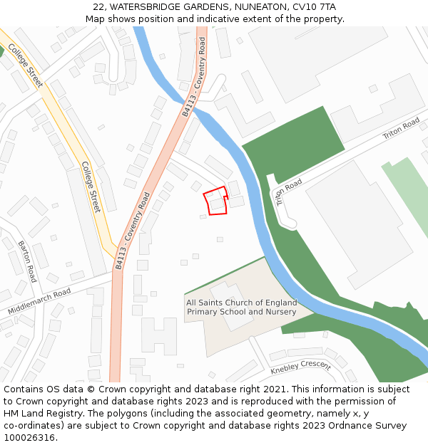 22, WATERSBRIDGE GARDENS, NUNEATON, CV10 7TA: Location map and indicative extent of plot