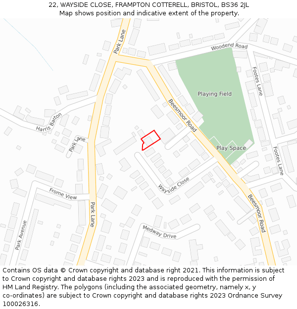 22, WAYSIDE CLOSE, FRAMPTON COTTERELL, BRISTOL, BS36 2JL: Location map and indicative extent of plot