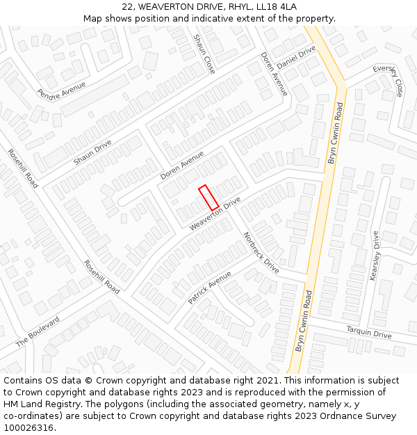 22, WEAVERTON DRIVE, RHYL, LL18 4LA: Location map and indicative extent of plot