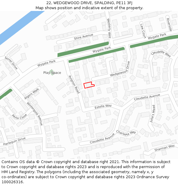 22, WEDGEWOOD DRIVE, SPALDING, PE11 3FJ: Location map and indicative extent of plot