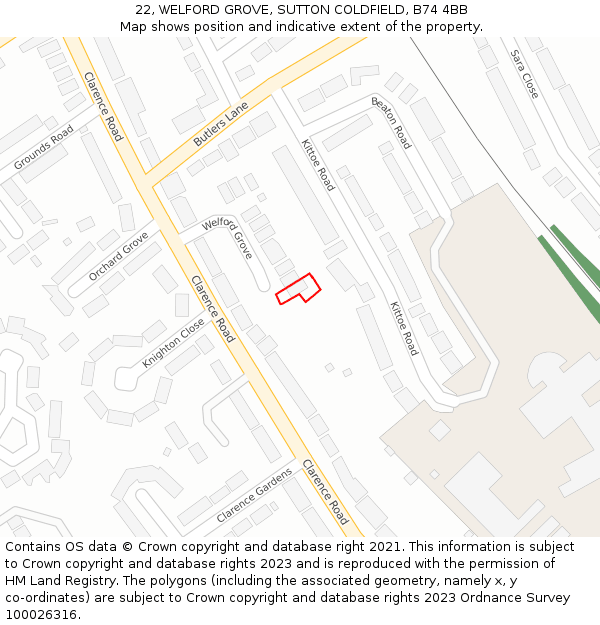 22, WELFORD GROVE, SUTTON COLDFIELD, B74 4BB: Location map and indicative extent of plot