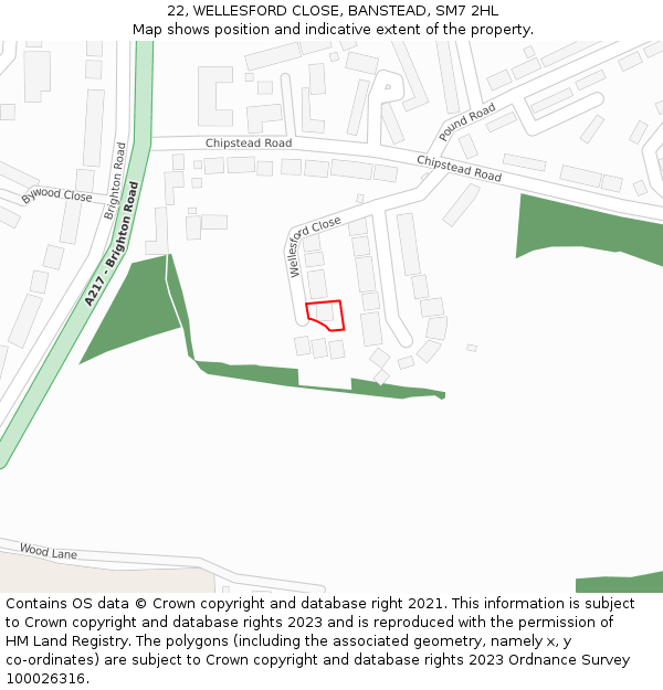 22, WELLESFORD CLOSE, BANSTEAD, SM7 2HL: Location map and indicative extent of plot