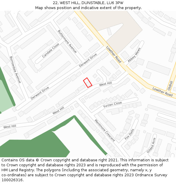 22, WEST HILL, DUNSTABLE, LU6 3PW: Location map and indicative extent of plot