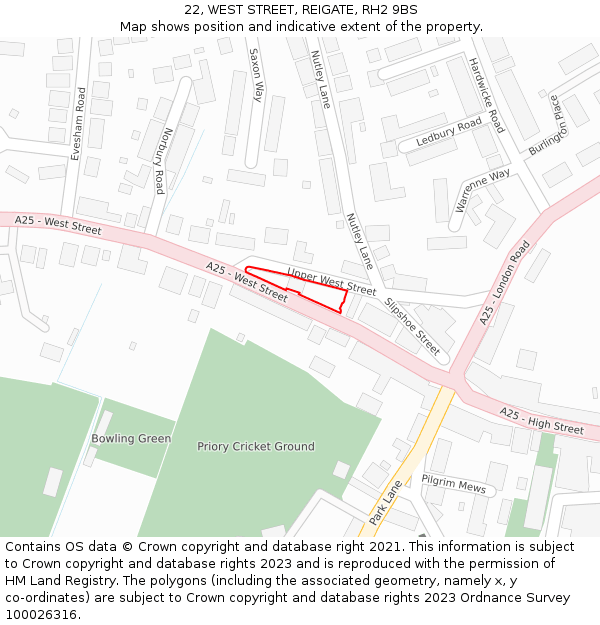 22, WEST STREET, REIGATE, RH2 9BS: Location map and indicative extent of plot