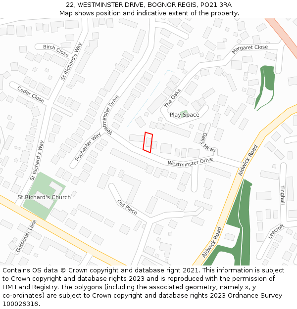 22, WESTMINSTER DRIVE, BOGNOR REGIS, PO21 3RA: Location map and indicative extent of plot