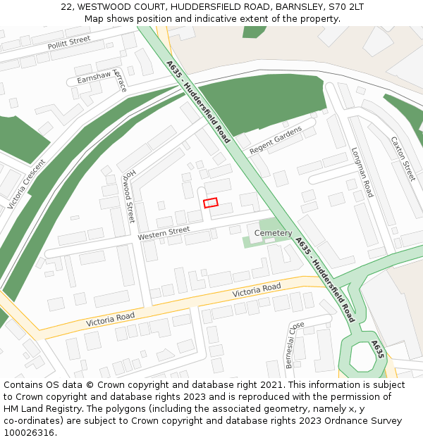 22, WESTWOOD COURT, HUDDERSFIELD ROAD, BARNSLEY, S70 2LT: Location map and indicative extent of plot