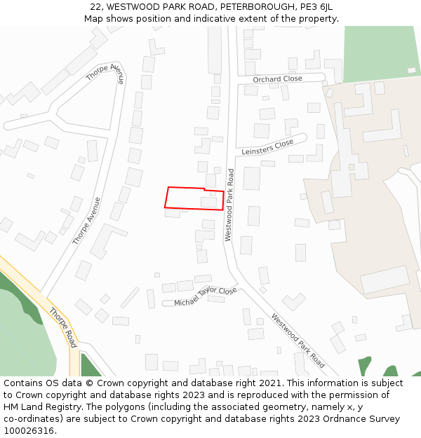 22, WESTWOOD PARK ROAD, PETERBOROUGH, PE3 6JL: Location map and indicative extent of plot