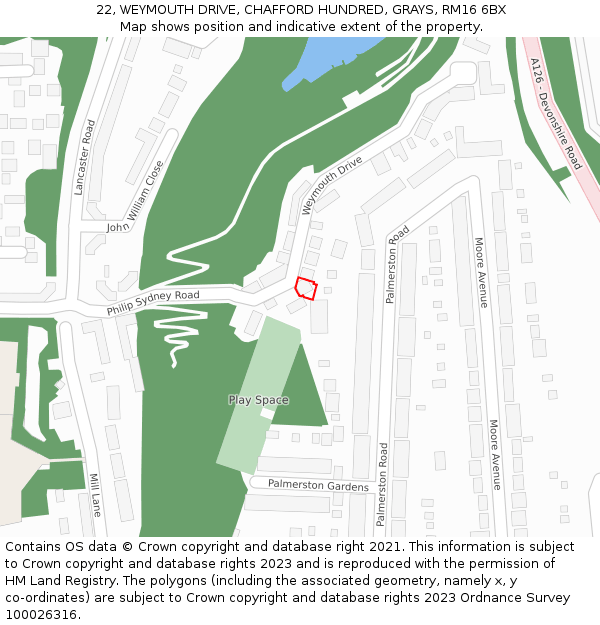 22, WEYMOUTH DRIVE, CHAFFORD HUNDRED, GRAYS, RM16 6BX: Location map and indicative extent of plot