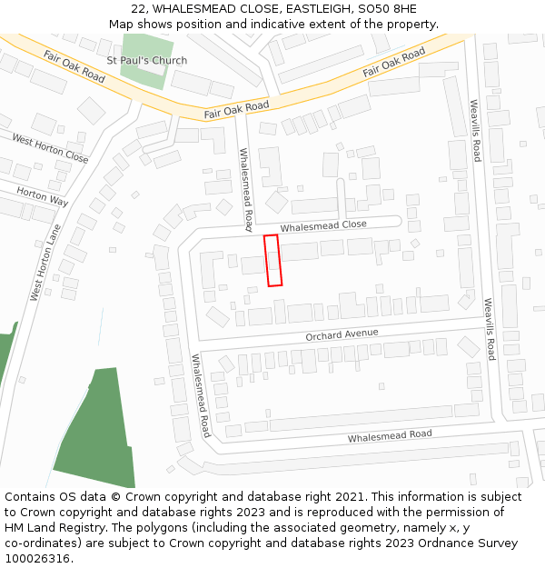 22, WHALESMEAD CLOSE, EASTLEIGH, SO50 8HE: Location map and indicative extent of plot