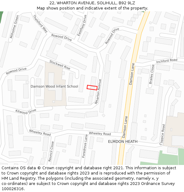 22, WHARTON AVENUE, SOLIHULL, B92 9LZ: Location map and indicative extent of plot