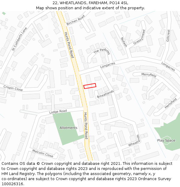 22, WHEATLANDS, FAREHAM, PO14 4SL: Location map and indicative extent of plot