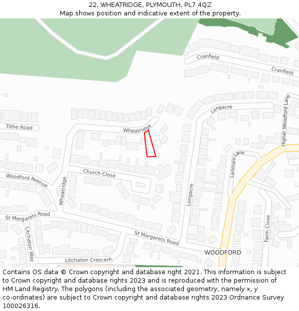 22, WHEATRIDGE, PLYMOUTH, PL7 4QZ: Location map and indicative extent of plot