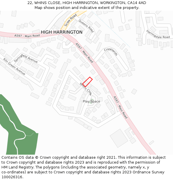 22, WHINS CLOSE, HIGH HARRINGTON, WORKINGTON, CA14 4AD: Location map and indicative extent of plot