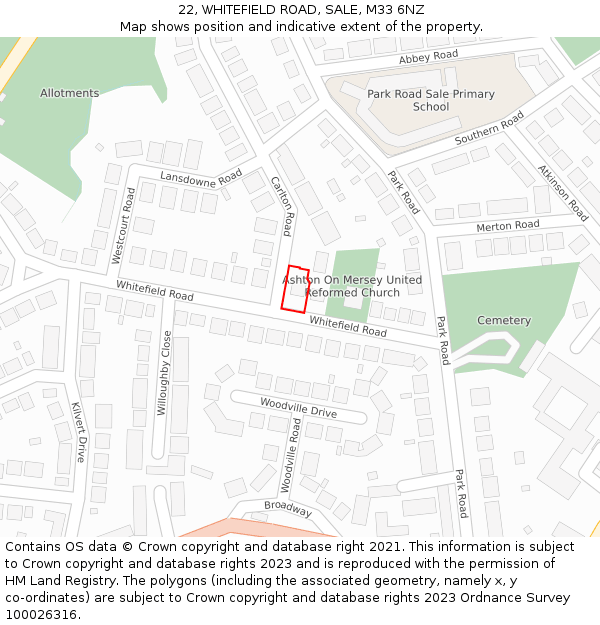 22, WHITEFIELD ROAD, SALE, M33 6NZ: Location map and indicative extent of plot