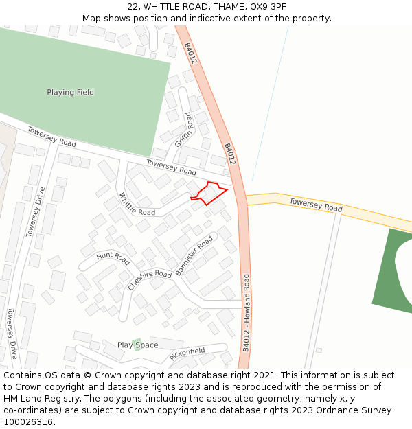 22, WHITTLE ROAD, THAME, OX9 3PF: Location map and indicative extent of plot