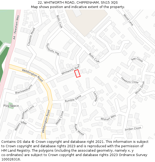 22, WHITWORTH ROAD, CHIPPENHAM, SN15 3QS: Location map and indicative extent of plot