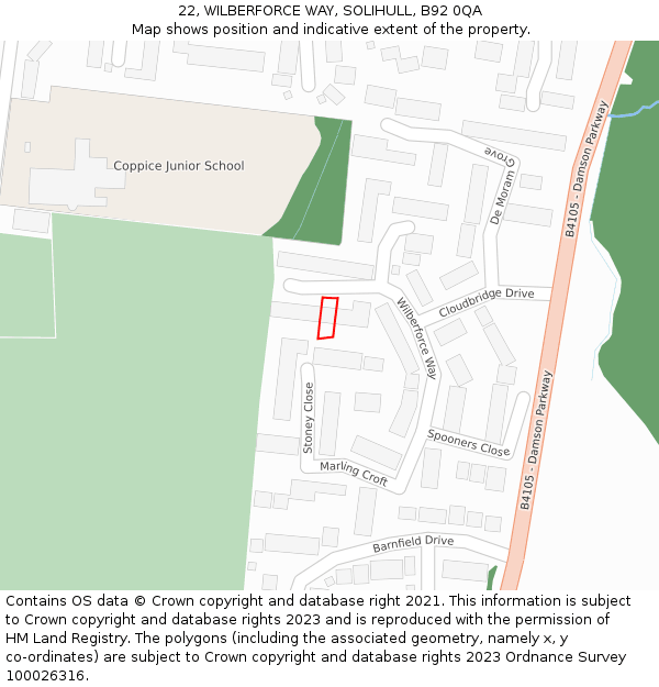 22, WILBERFORCE WAY, SOLIHULL, B92 0QA: Location map and indicative extent of plot