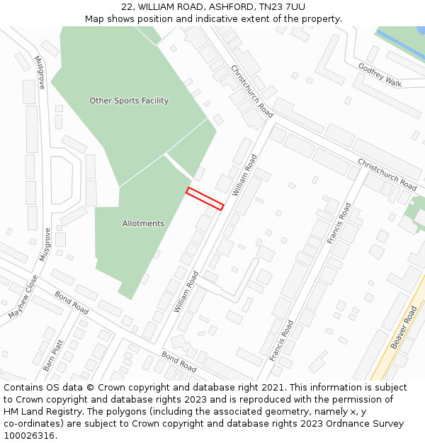 22, WILLIAM ROAD, ASHFORD, TN23 7UU: Location map and indicative extent of plot