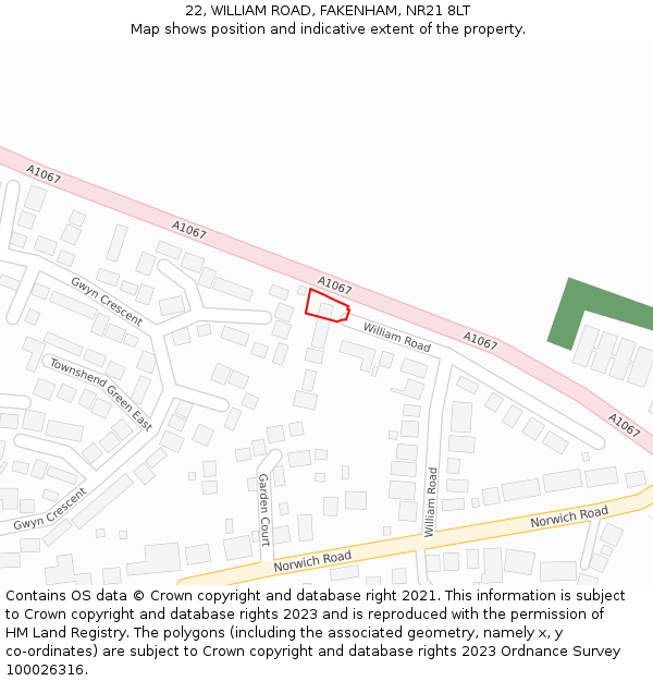 22, WILLIAM ROAD, FAKENHAM, NR21 8LT: Location map and indicative extent of plot