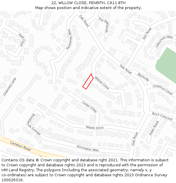 22, WILLOW CLOSE, PENRITH, CA11 8TH: Location map and indicative extent of plot