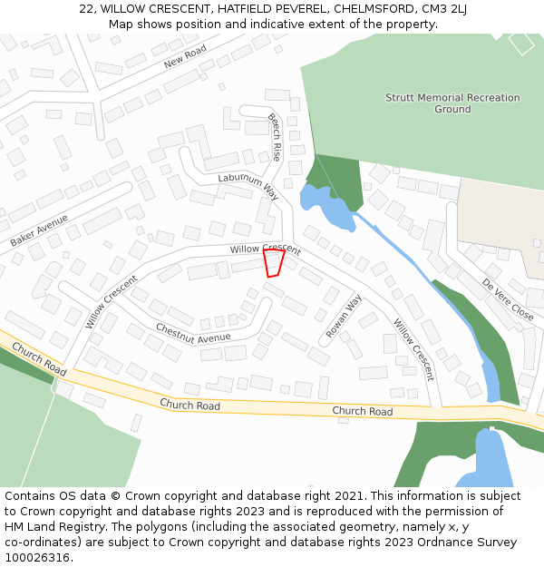 22, WILLOW CRESCENT, HATFIELD PEVEREL, CHELMSFORD, CM3 2LJ: Location map and indicative extent of plot