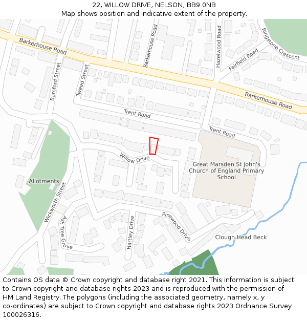 22, WILLOW DRIVE, NELSON, BB9 0NB: Location map and indicative extent of plot