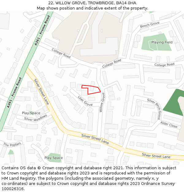 22, WILLOW GROVE, TROWBRIDGE, BA14 0HA: Location map and indicative extent of plot