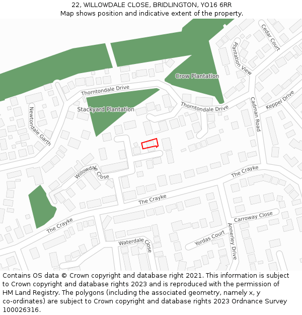 22, WILLOWDALE CLOSE, BRIDLINGTON, YO16 6RR: Location map and indicative extent of plot